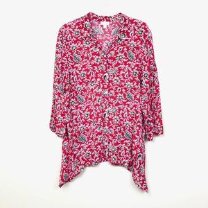 J. Jill Red Floral Buttondown Shirt 3/4 Sleeves